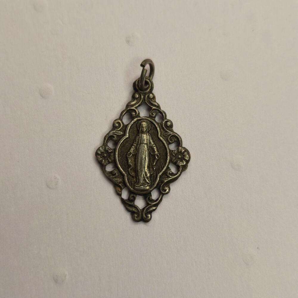 Vintage Miraculous Medal Pendant Ornate Openwork Lozenge Filigree Frame Charm